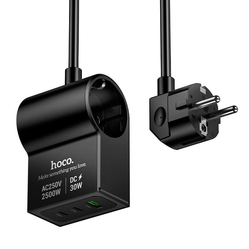 Подовжувач мережі Hoco AC33 до 2500W 1,5 м з 2 розетками 2xUSB-C/1xUSB-A Black (24431)