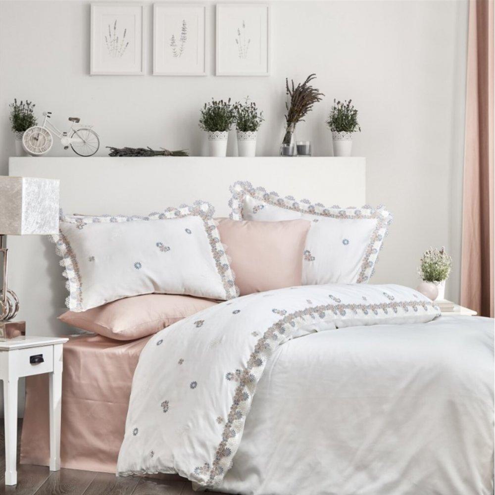 Постельное белье Dantela Vita Delfina с кружевной вышивкой евро Розовый/Белый