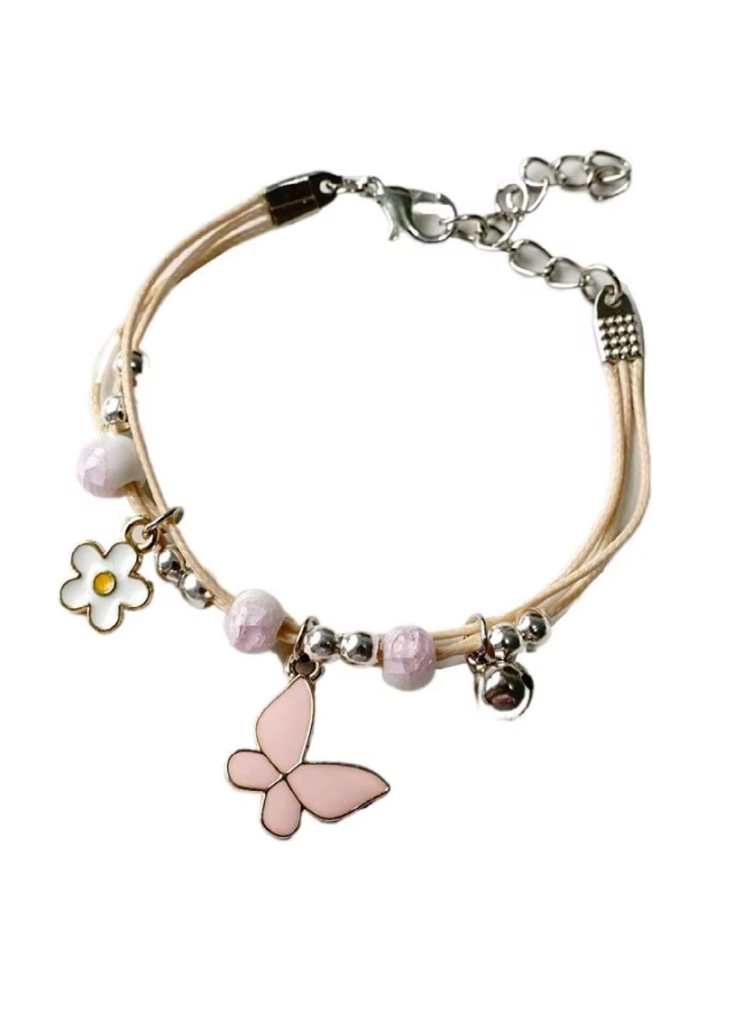 Браслет с бусинками и бабочкой Бежевый/Розовый (13006)