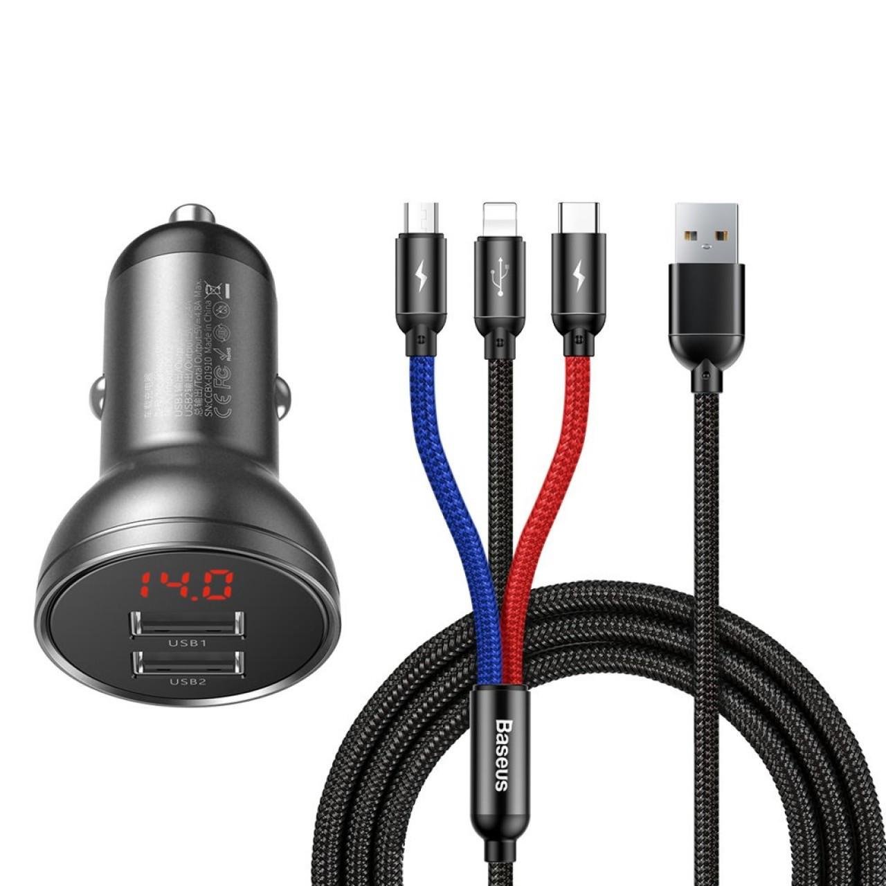 Зарядное устройство автомобильное Baseus Digital Display Dual USB 4,8A Car Charger with 3-in-1 Cable USB 1,2 м Grey (06248)