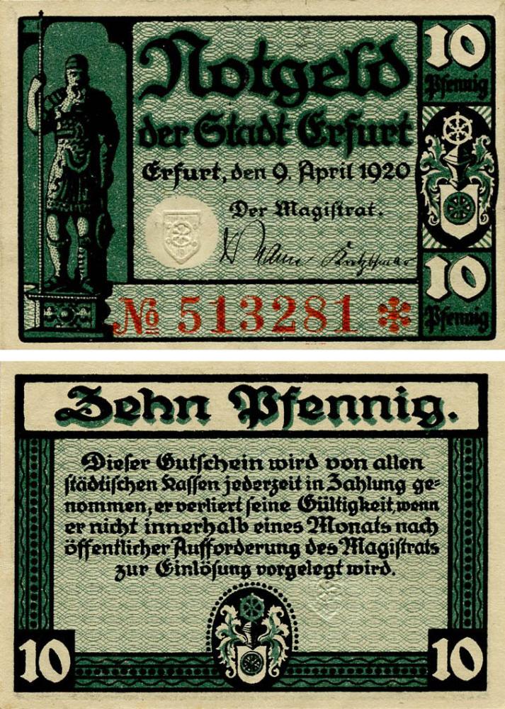 Коллекционная банкнота Германия Нотгельд 10 пфеннигов 1921 G-VG Эрфурт (Б18429)