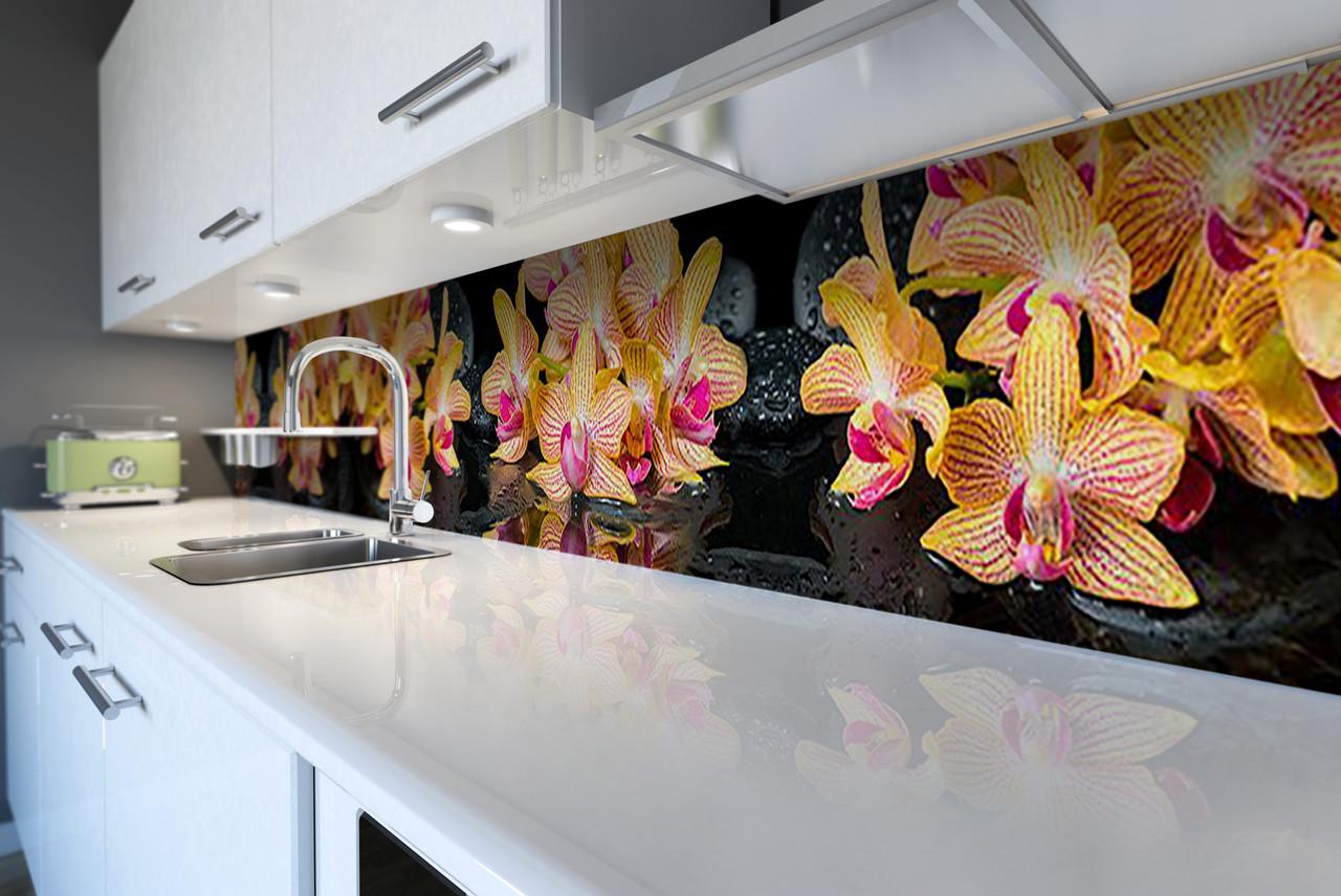 Кухонный фартук Оранжевые орхидеи из самоклеющейся виниловой пленки 65х250 см Оранжевый