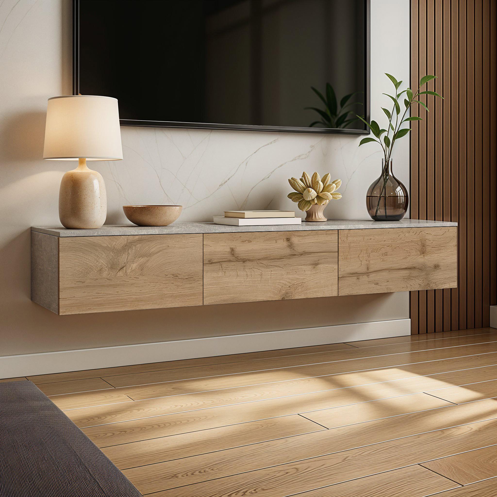 Тумба під телевізор підвісна з шухлядами без ручок FT-221 1500x360х242 мм Бетон/Дуб Аппалачі