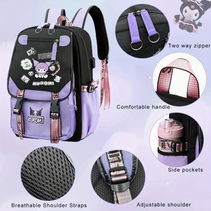 Школьный рюкзак для девочки KUROMI в японском стиле с помпоном и USB-кабелем (991944488) - фото 7 Школьный рюкзак для девочки KUROMI в японском стиле с помпоном и USB-кабелем (991944488) - фото 7