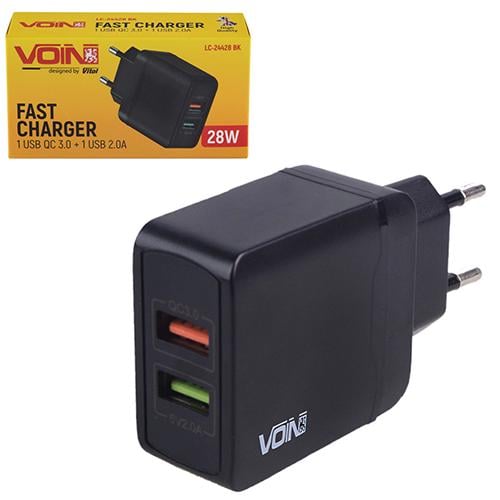 Зарядний пристрій Voin 28W/2 USB/QC3.0 Port 1-5Vх3A/9Vх2A/12Vх1.5A/Port 2-5V2A (LC-24428 BK) - фото 3 Зарядний пристрій Voin 28W/2 USB/QC3.0 Port 1-5Vх3A/9Vх2A/12Vх1.5A/Port 2-5V2A (LC-24428 BK) - фото 3