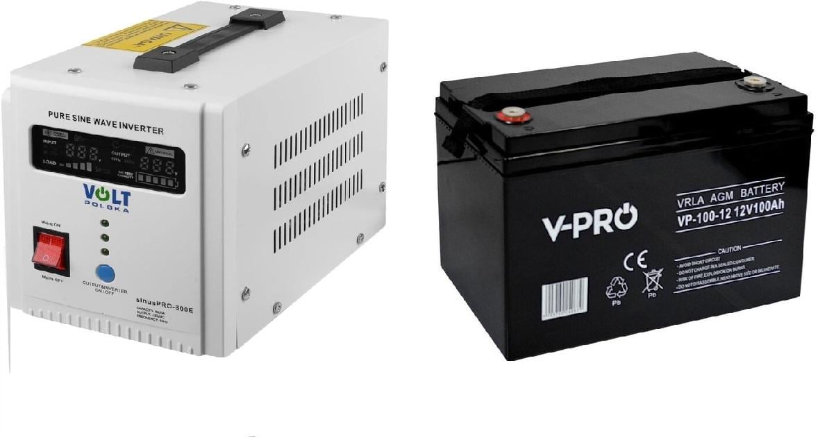 Акумулятор Volt Polska VPRO 100 Ah 12V AGM VRLA 6AKUAGM100 з джерелом безперебійного живлення Volt Polska SINUS PRO 800E 12/230V (500/800W)