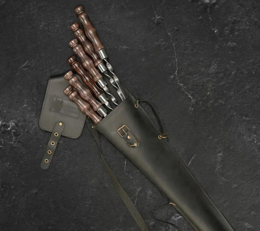 Подарочный набор шампуров в кожаном кейсе премиум-набор для шашлыка и барбекю Асгард Lite 6 предметов Черный