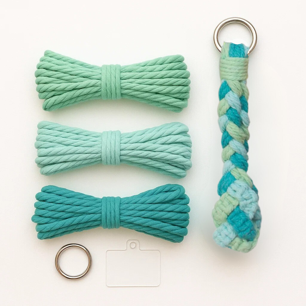 Набор макраме для ручной вязки и плетения брелока плетеная коса с петлей на руку трехцветный 17,3х3,5 см Зеленый/Голубой/Бирюзовый