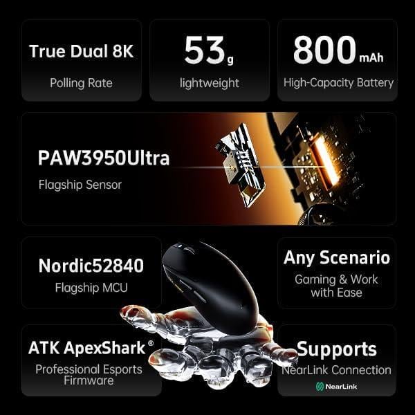 Мышка игровая беспроводная ATK A9 Plus Dragonfly 30000 DPI 3в1 Bluetooth/USB C Black (2675878949) - фото 4 Мышка игровая беспроводная ATK A9 Plus Dragonfly 30000 DPI 3в1 Bluetooth/USB C Black (2675878949) - фото 4