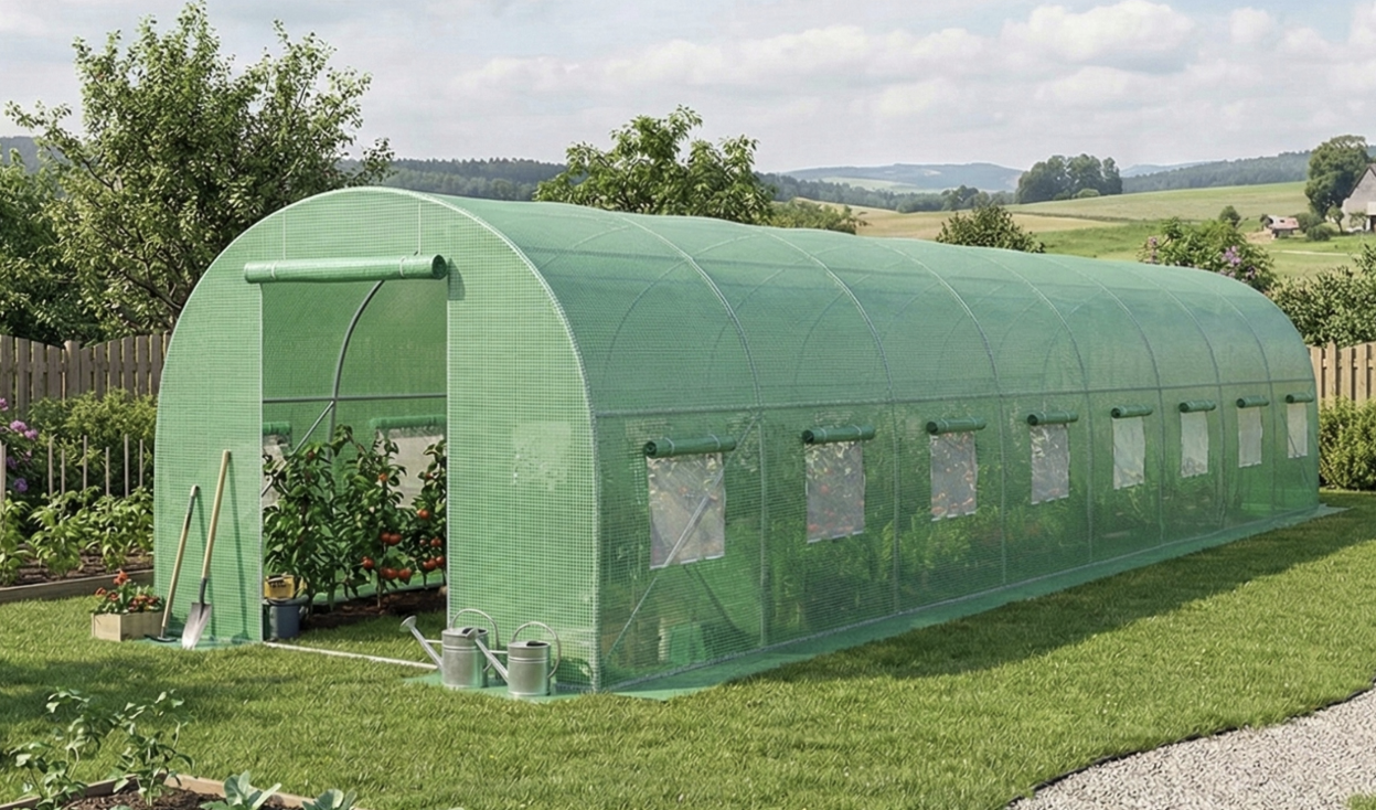 Теплица пленочная армированная FT-3X8X2-Z армированная 140 г/м² с UV‑фильтром с двумя входами 24 м² 3x8x2 м Зеленый