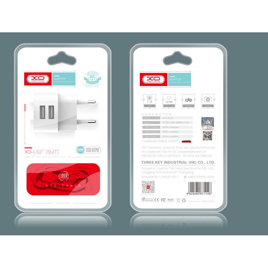 Адаптер Xo L62 2USB/2.4A и Data Cable USB для Type-C White - фото 5