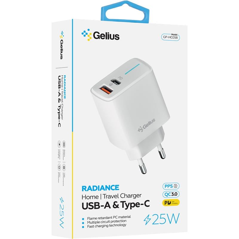 Зарядний пристрій мережевий Gelius Radiance GP-HC058 1Type-C+ 1USB-A PD/QC3,0/PPS/Super VOOC 25 W White (98305) - фото 3