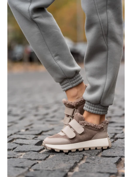 Кроссовки женские кожаные с замшевыми вставками на меху р. 37 24 см Бежевый - фото 7