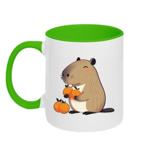 Чашка керамічна двоколірна Капібара тішиться апельсинам 320 мл Білий із зеленим (17077545-37-199693) - фото 1 Чашка керамічна двоколірна Капібара тішиться апельсинам 320 мл Білий із зеленим (17077545-37-199693) - фото 1