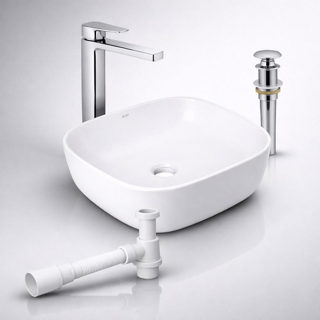 Комплект Qtap Kolibri 400×400 White накладна раковина/змішувач Gemini Chrome/донний клапан PU02/сифон (48466/45677)