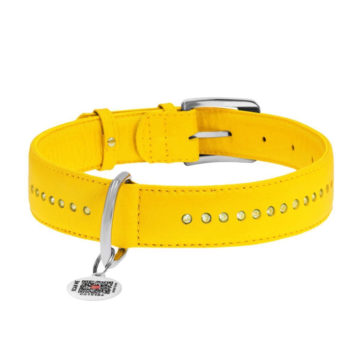 Ошейник для собак кожаный Waudog Glamour с QR паспортом/двойной со стразами 35 мм х 46-60 см Желтый (38828 Col)
