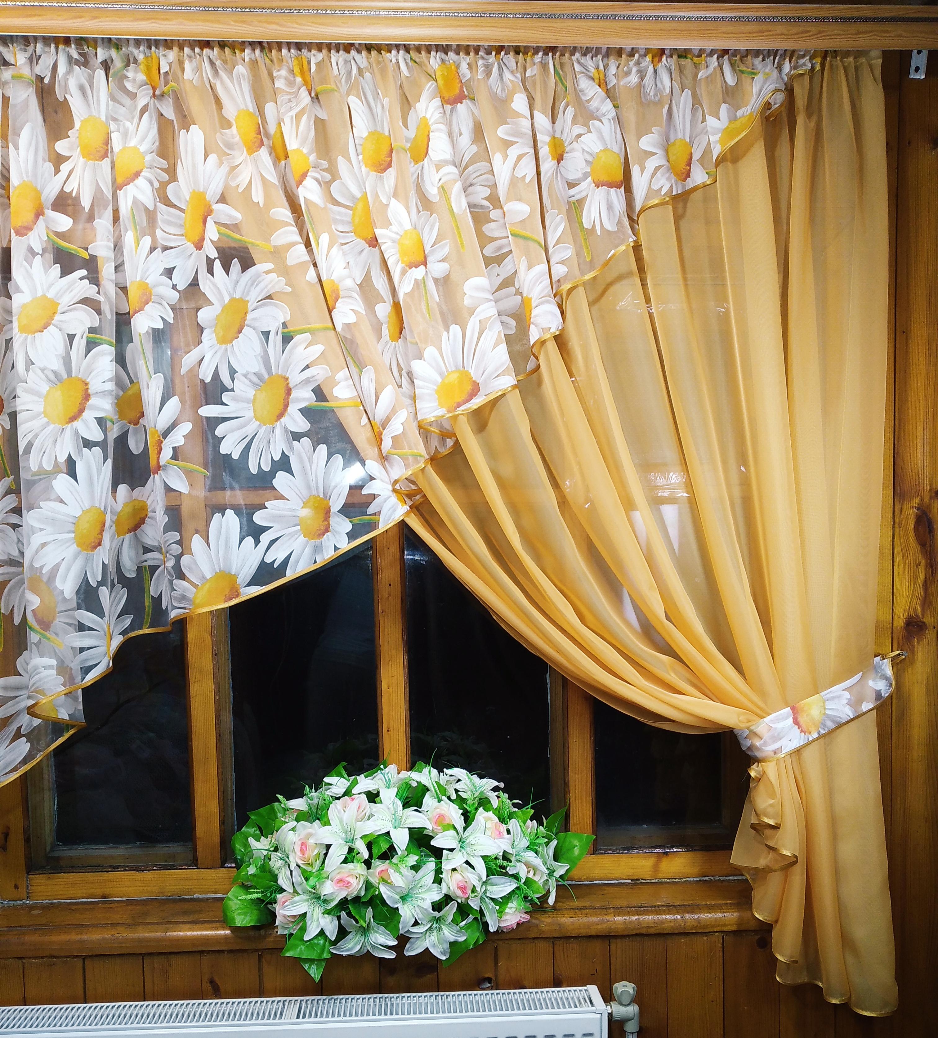 Занавеска кухонная готовая правая короткая Анжелика ромашка Песочный