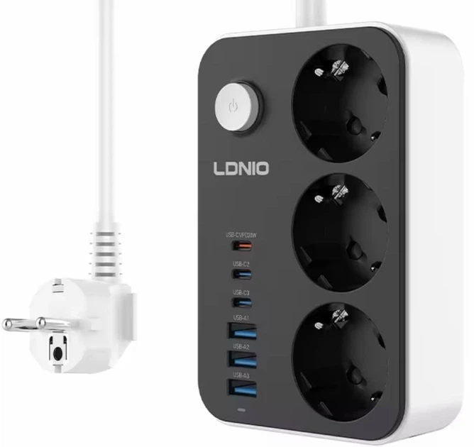 Сетевой фильтр-удлинитель LDNIO SE3631C на 3 розетки 3 USB-A 3 USB-C 20 Вт выключатель кабель 2 м 2500 Вт