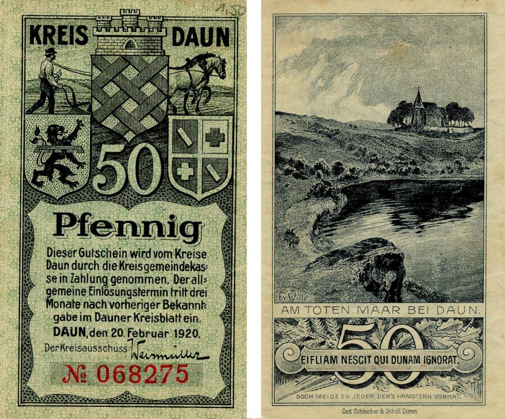 Коллекционная банкнота Германия Нотгельд 50 пфеннигов 1920 F-VF Даун (Б18733)