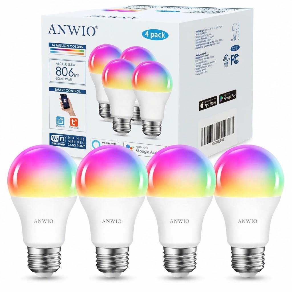 Лампи-Led розумні ANWIO Smart Light Bulbs A19/E26 4 шт. (37516292) Лампи-Led розумні ANWIO Smart Light Bulbs A19/E26 4 шт. (37516292)