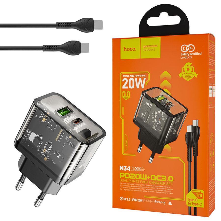 Зарядний пристрій мережевий Hoco N34 Dazzling dual-port PD20W+QC3.0 Type-C to Type-C Black (231659)