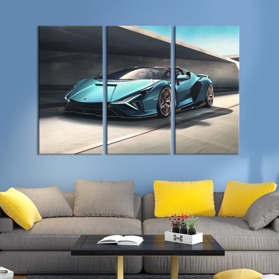 Картина на холсте триптих Lamborghini Sian Roadster в лазурном цвете 156x100 см (1274-31)