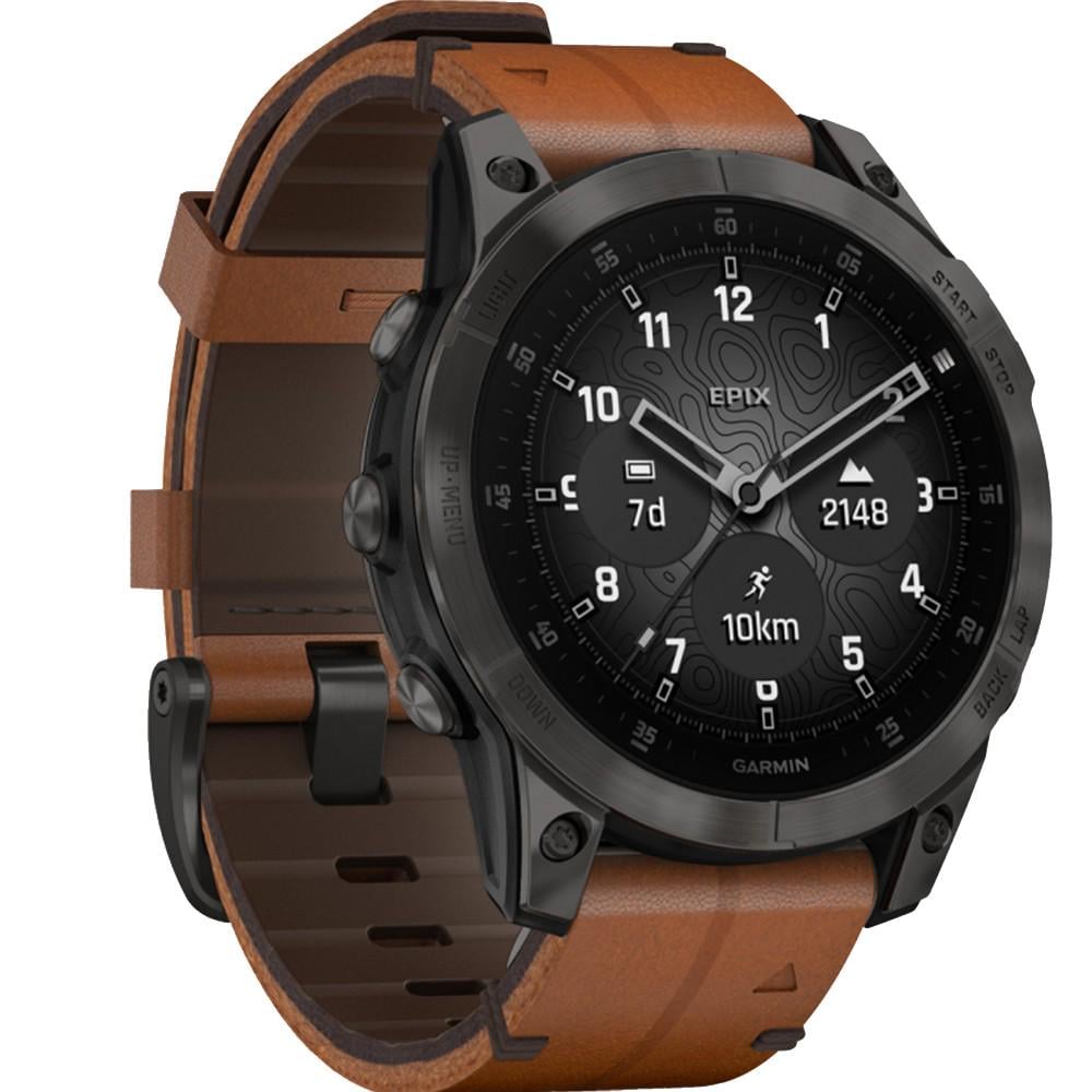 Смарт-годинник Garmin Epix 2 Sapphire Black/Carbon Gray with Chestnut leather band (010-02582-30) - фото 2