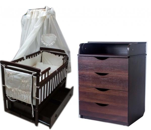 Кроватка детская с комодом без ящика + матрас кокос/постельный набор Ореховый (12045999)
