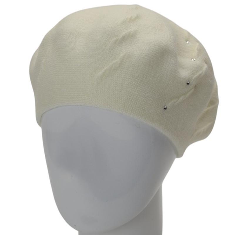 Берет женский осенний двойной Lirus Судьбы с узором и стразами тонкой вязки Молочный