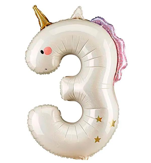 Воздушный шар PartyDeco Цифра 3 Единорог 93 см (32178669)