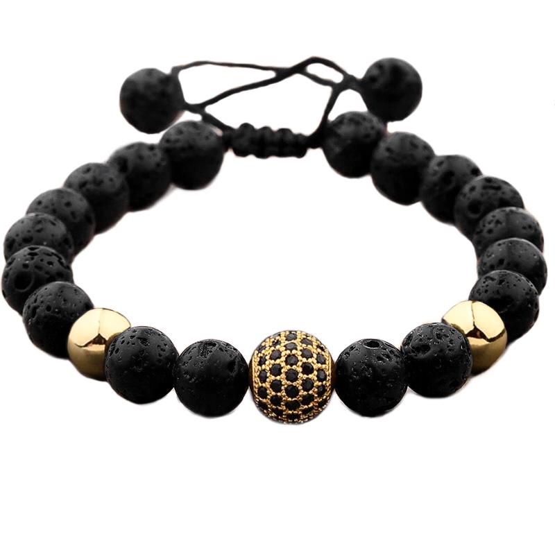 Браслет из лавового камня с шаром на стяжке р. 20 Золотой/Черный (90121)