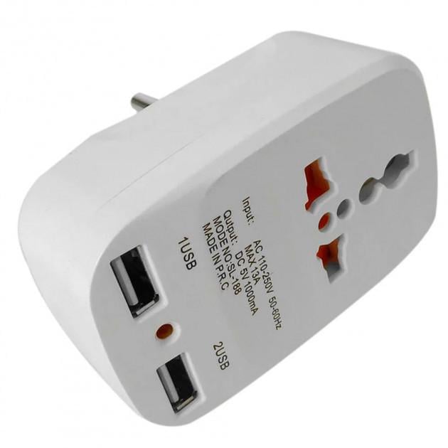 Сетевой разветвитель тройник Travel Adaptor 823 c 2 USB 7043 13A White - фото 3