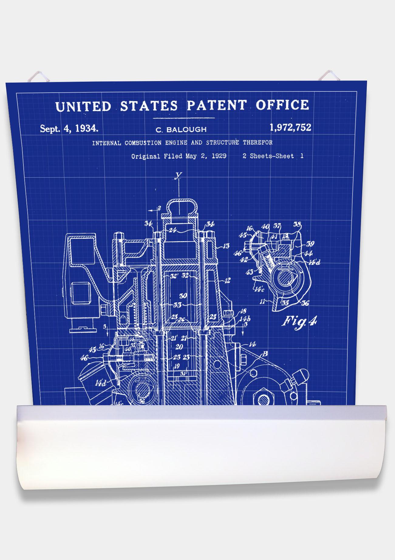 Арт-постер Let's Play Патент Двигун внутрішнього згоряння та його конструкція 1934 р. Вінтажний декор 61х40 см Синій - фото 3
