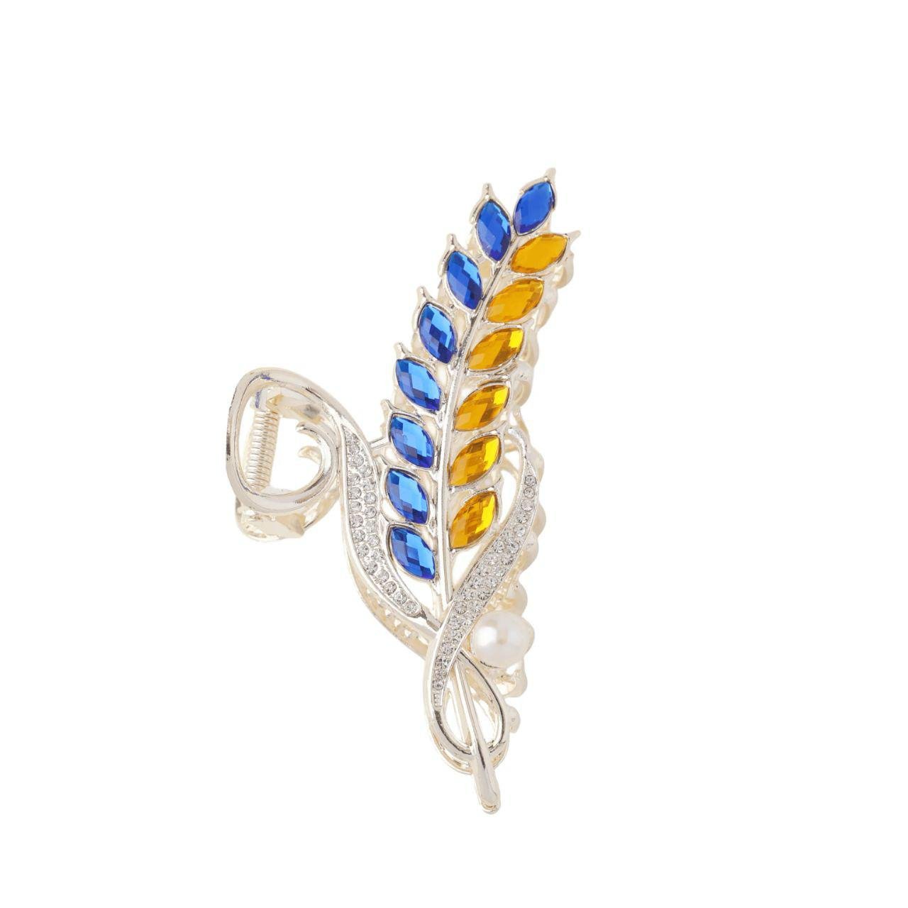 Заколка краб для волос патриотическая с желтыми и голубыми камешками Белый (00380)