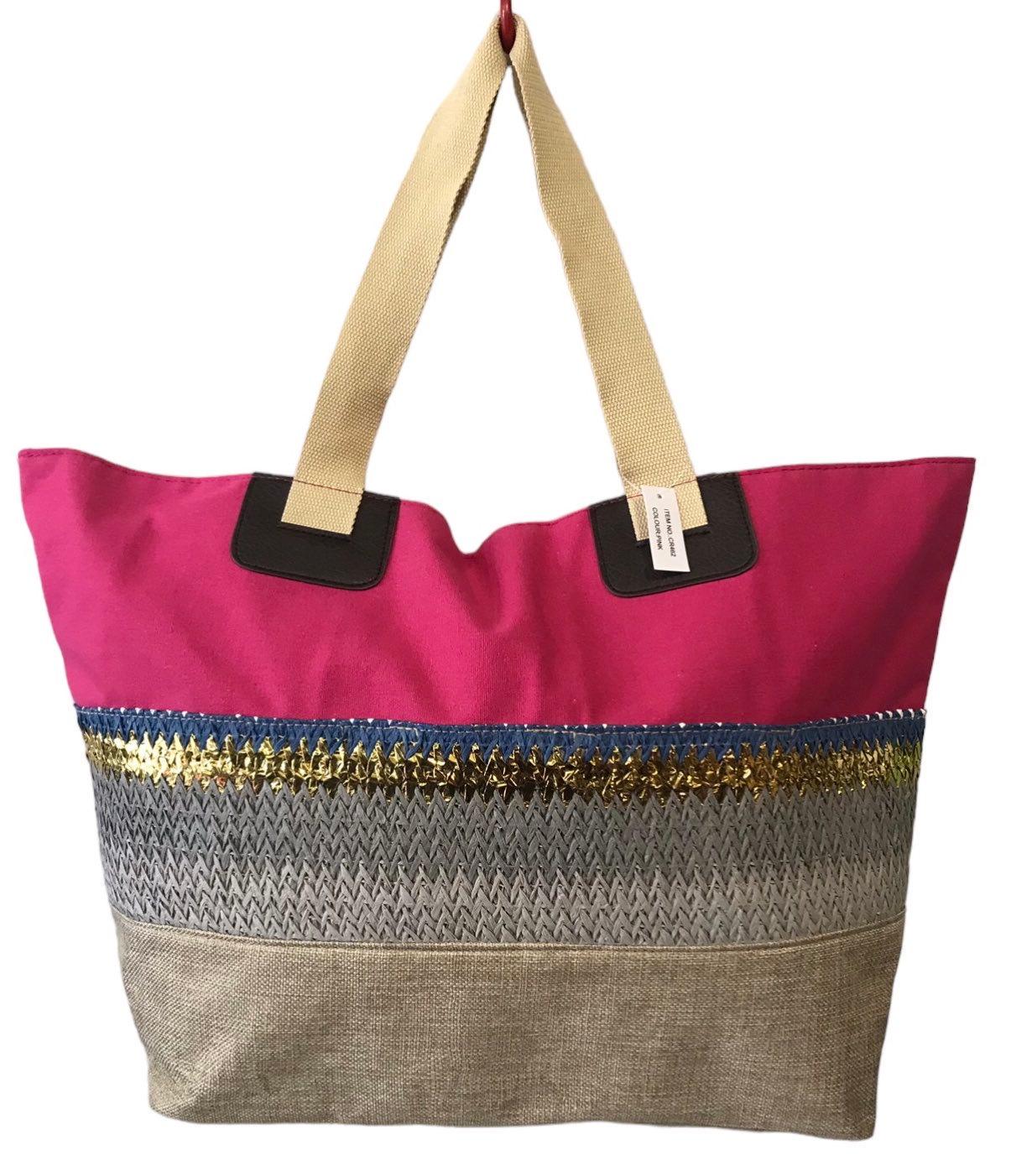 Сумка пляжная женская летняя из ткани на молнии в полоску из розово-синий/бежевый (CR462B)