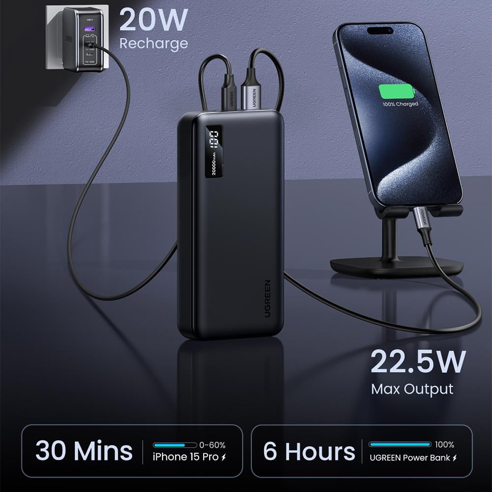 Акумулятор зовнішній для телефону UGREEN PB312 20000 mAh 22,5W Two-way Fast Charging Power Bank Black (25683) - фото 6 Акумулятор зовнішній для телефону UGREEN PB312 20000 mAh 22,5W Two-way Fast Charging Power Bank Black (25683) - фото 6