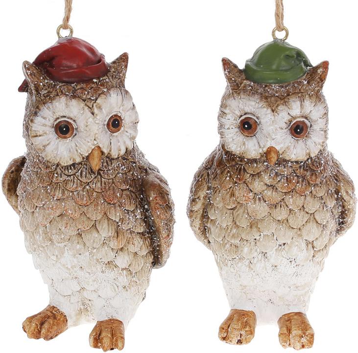 Набор подвесных фигурок Совушки в шапочках 7х7х12,5 см полистоун 2 шт. Белый/Коричневый (BD-218-989)
