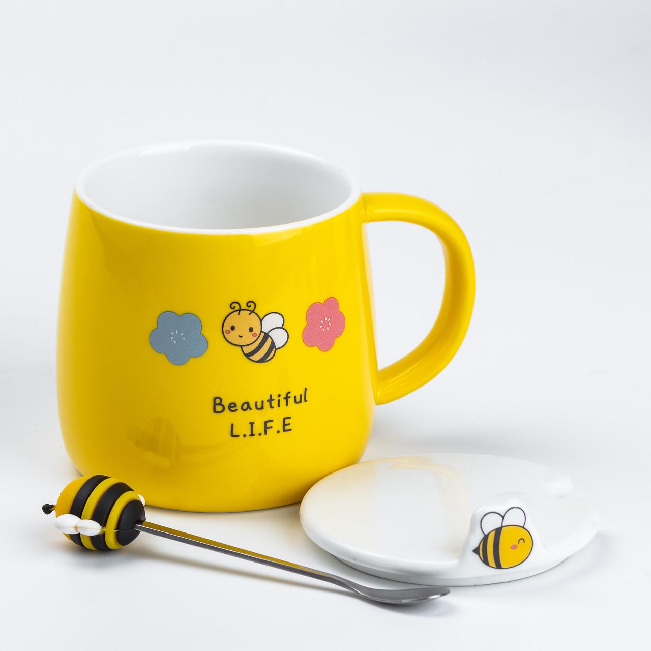 Чашка керамічна Bee beautiful life з кришкою та ложкою 450 мл (HP7199Y) - фото 4