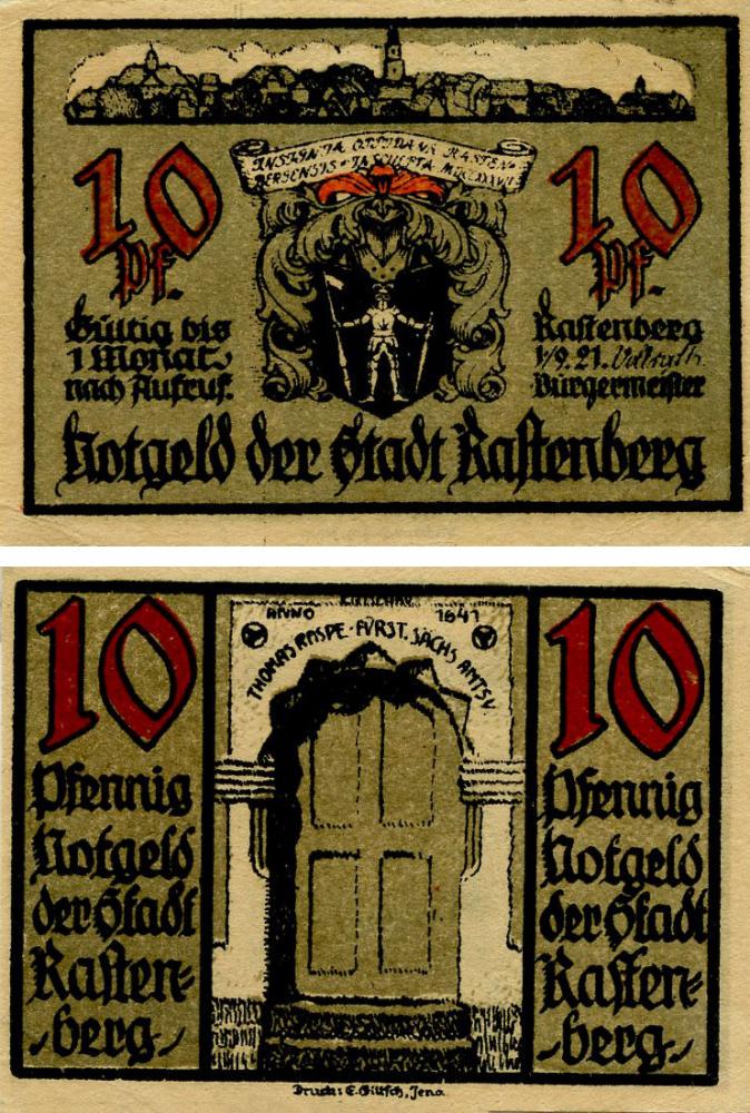 Коллекционная банкнота Германия Нотгельд 10 пфеннигов 1921 F-VF Растенберг (Б16149)