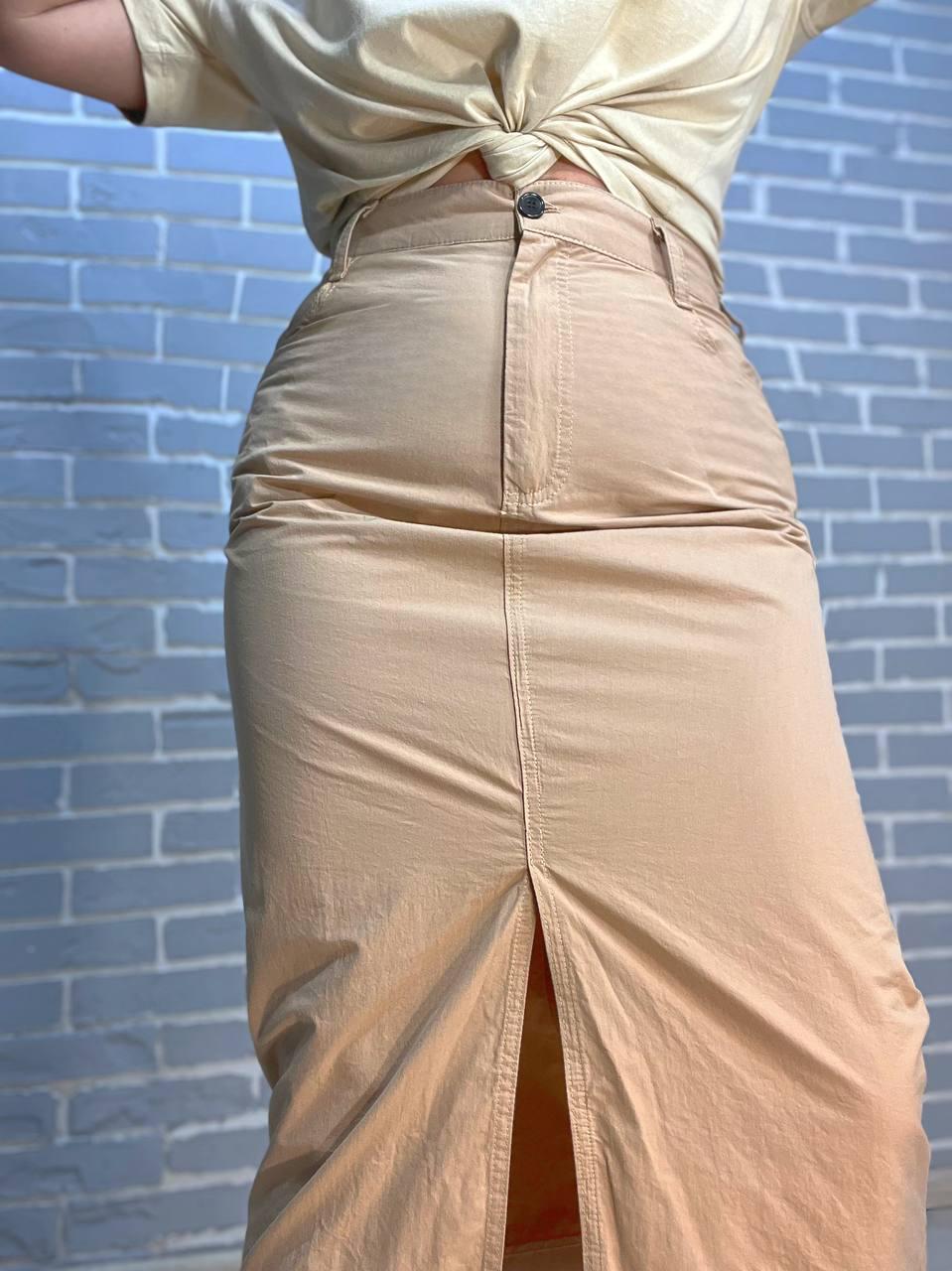 Спідниця жіноча MIX RAY 4261 коттонова французька довжина з розрізом попереду L Капучино (2239) - фото 5