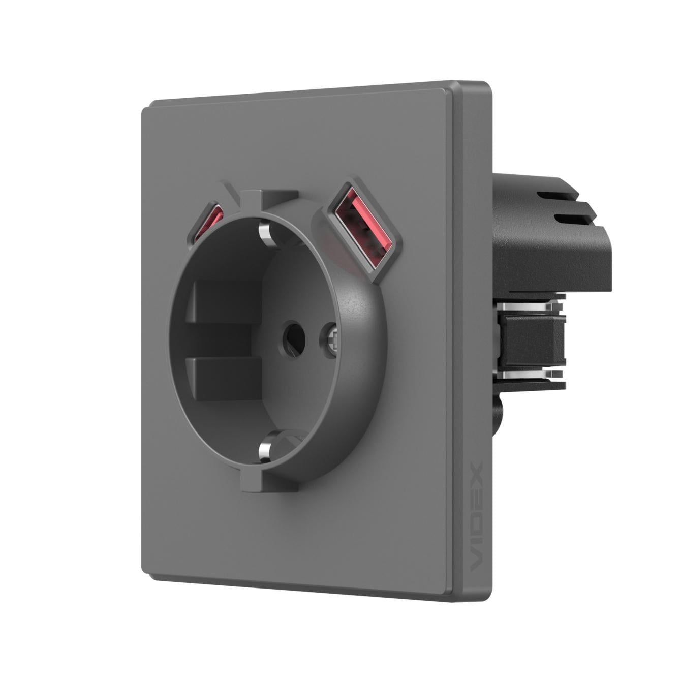 Розетка одинарная с заземлением Videx NOTA VF-NT-SK1GUC-GR USB-A+C 20W Серый графит (28883)