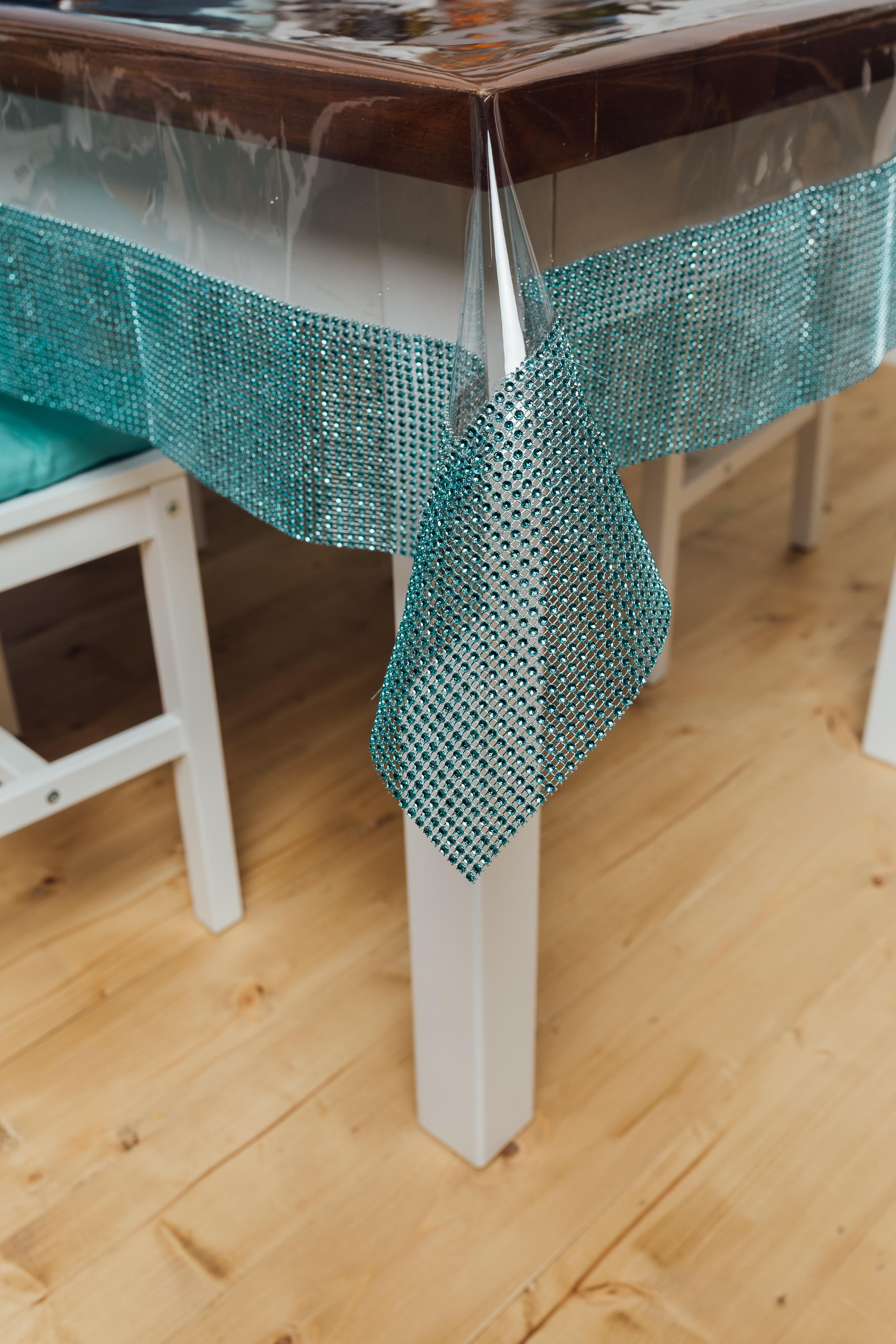 Скатерть силиконовая с бирюзовой стразовой лентой 240x140 см/мягкое стекло 220x30 см (201-104)