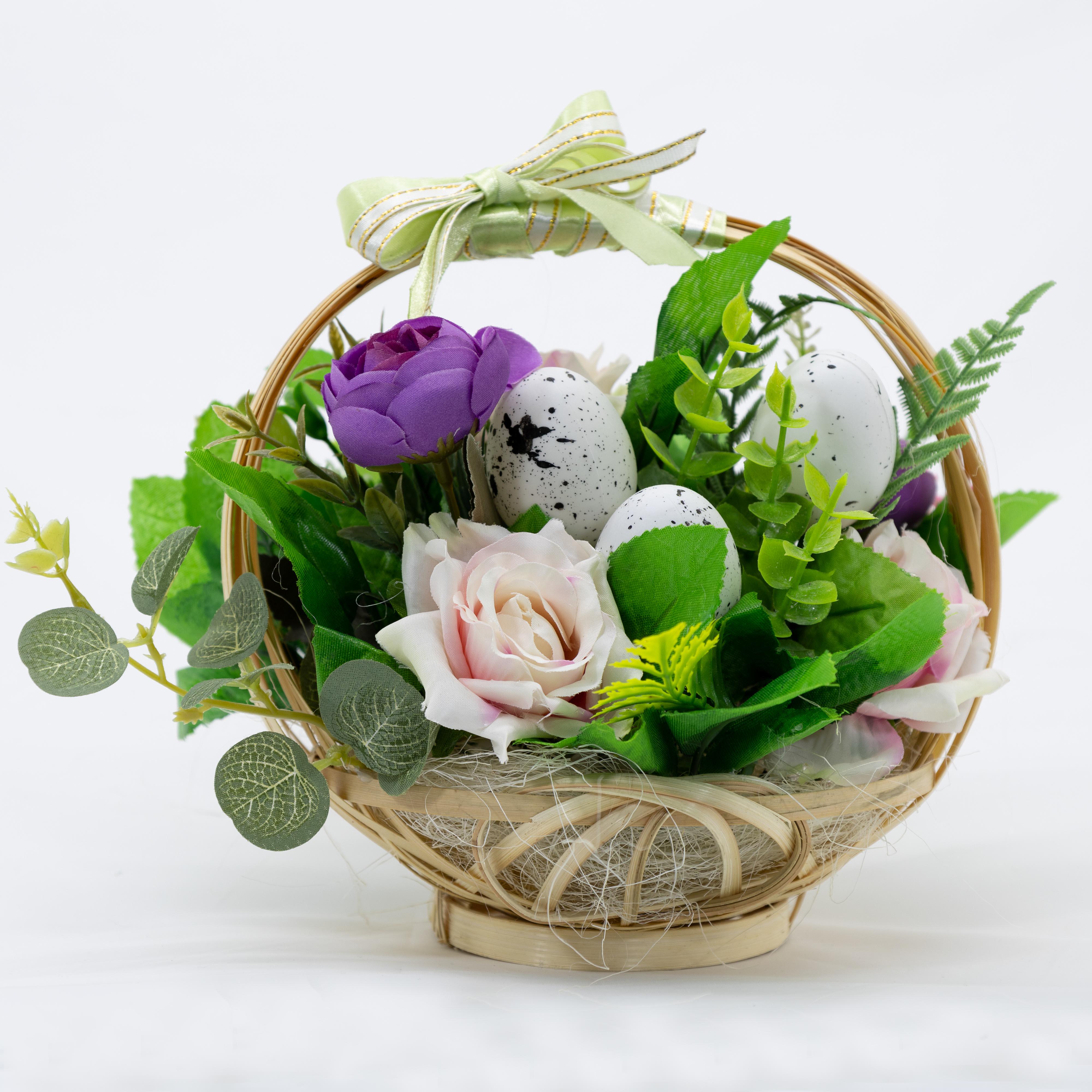 Пасхальная корзина ДАЙС из лозы с декоративными яйцами и цветами 20 см (К2020)
