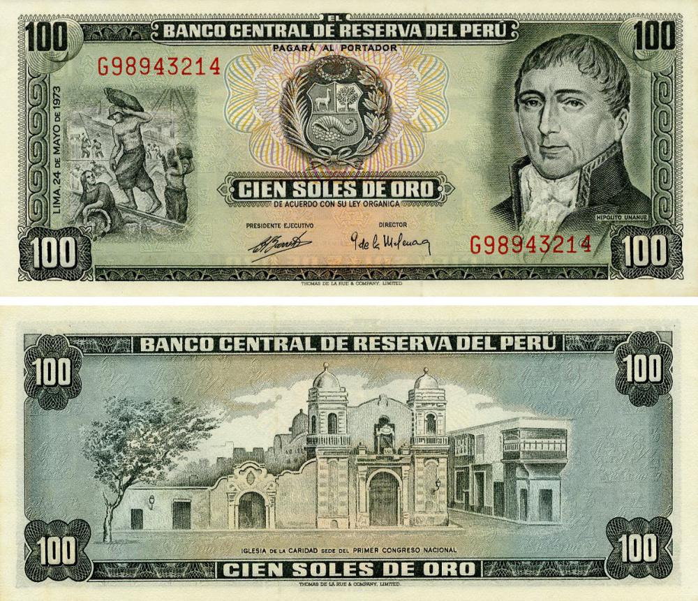 Коллекционная банкнота Перу 100 соль 1973 года UNC P102c (Б20683)