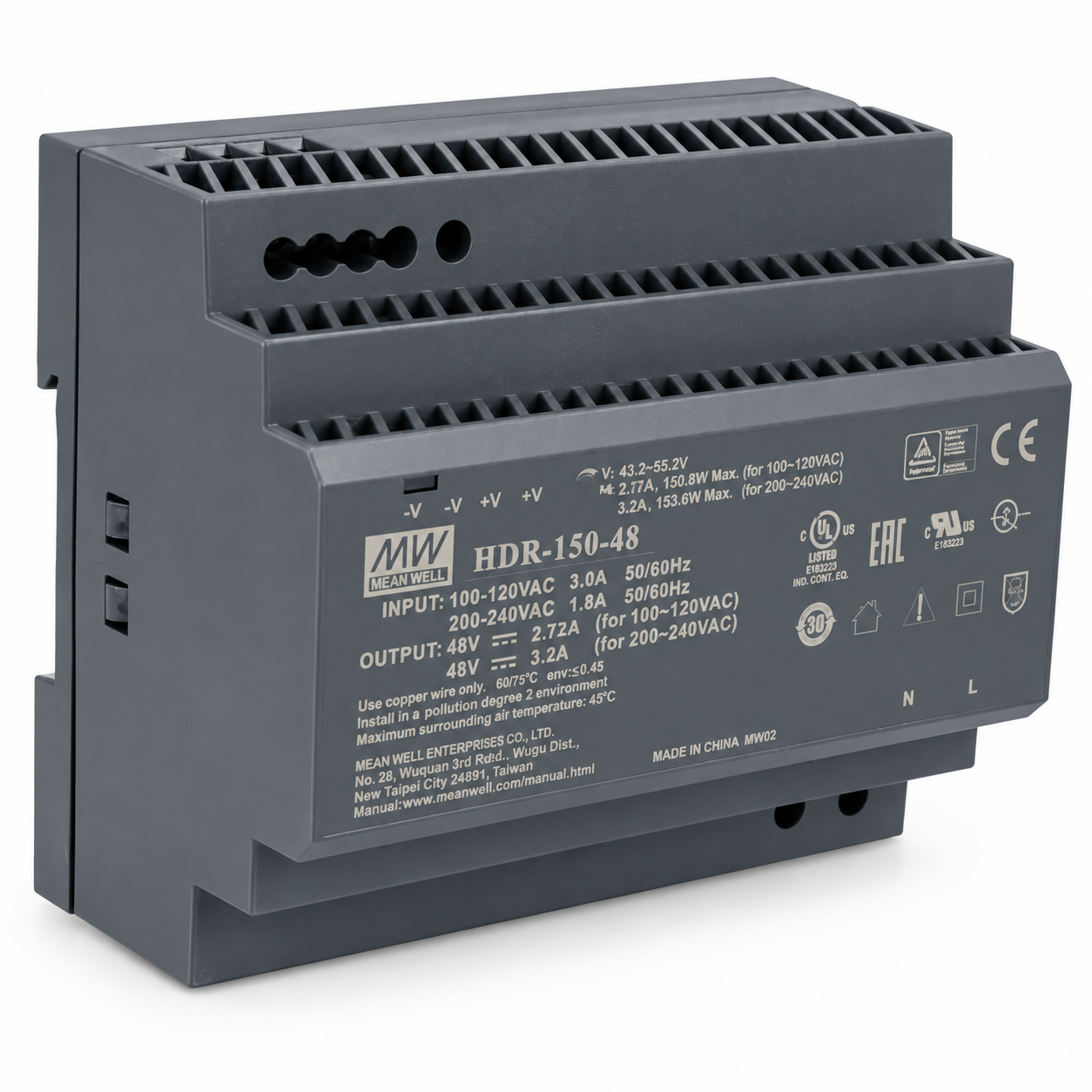 Блок питания MeanWell HDR-150-48 48V 3,2А 150 Вт установка на DIN-рейку Black (38124972)