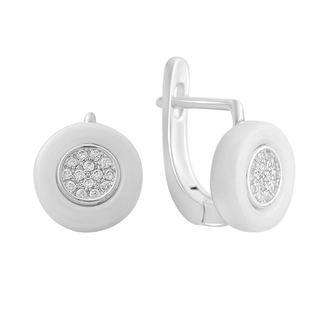 Сережки срібні з білою керамікою та фіанітами Сережки срібні з білою керамікою та фіанітами