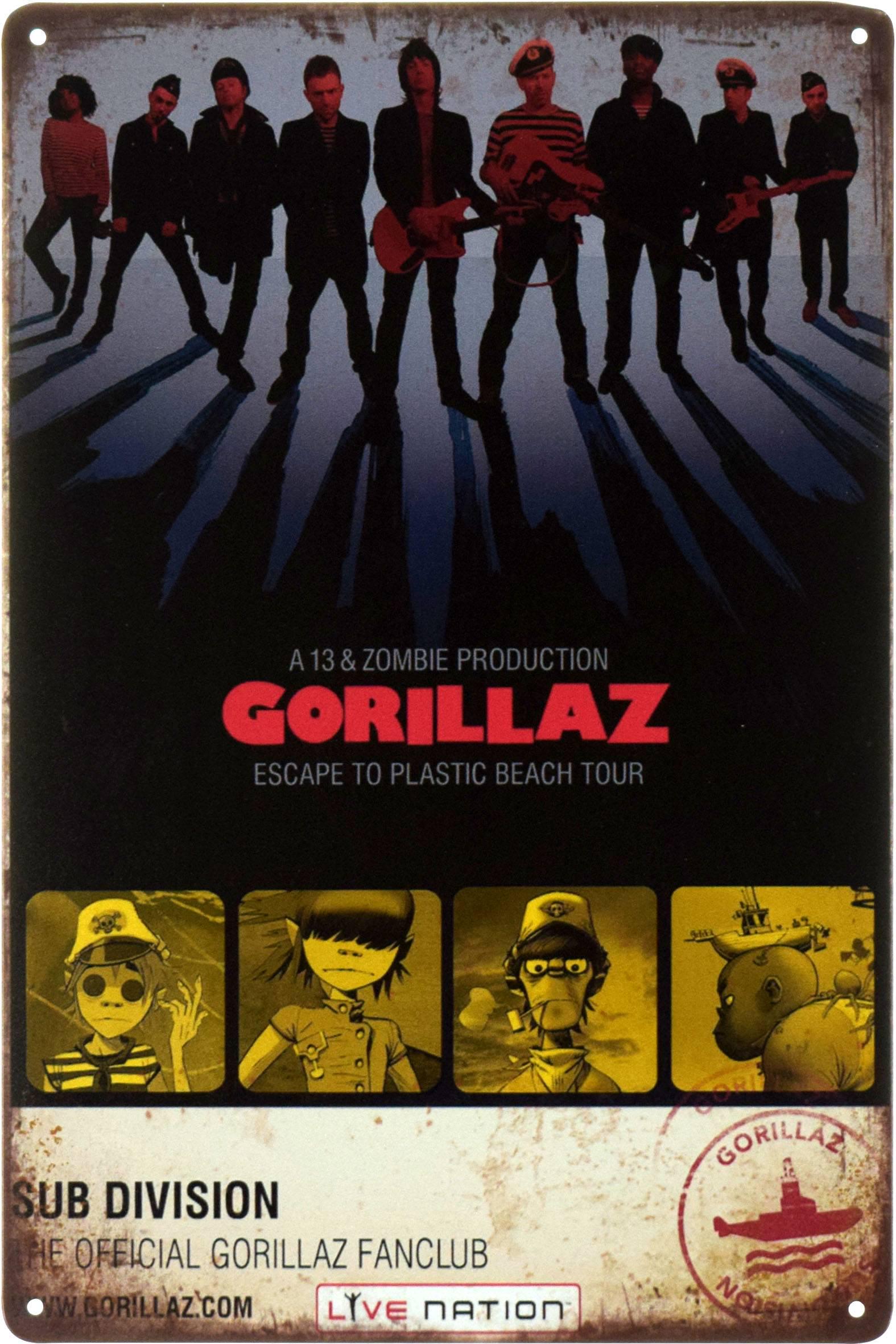 Табличка металлическая Gorillaz A 13 & Zombie Production Gorillaz Escape To Plastic Tour 20x30 см