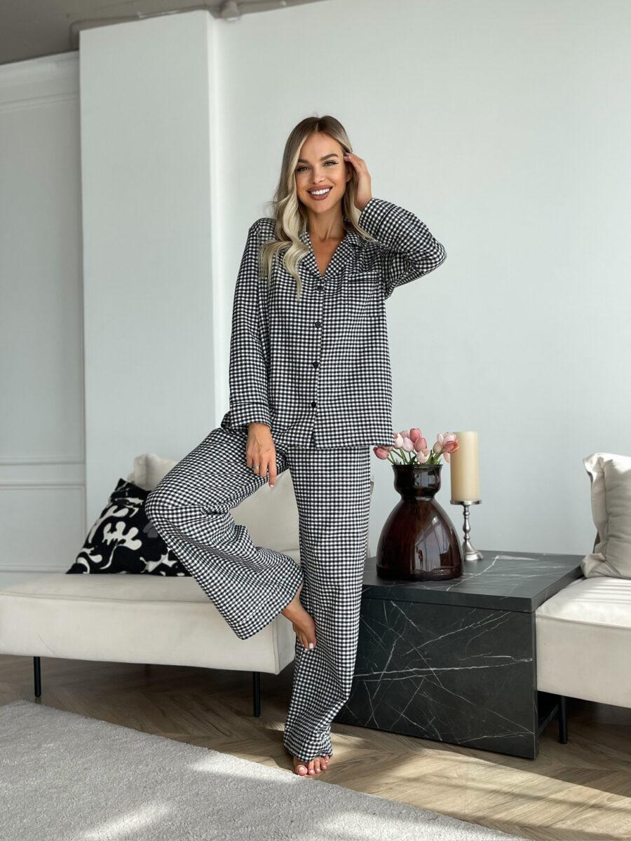 Пижама женская Julia хлопковая рубашка/штаны в клетку S Черный (кк_черная)