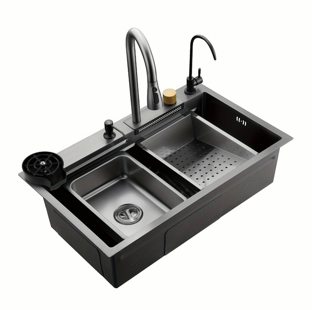 Мойка для кухни врезная Kraft Handmade прямоугольная 750x460 мм Черный (HM7546-WF1-SD)