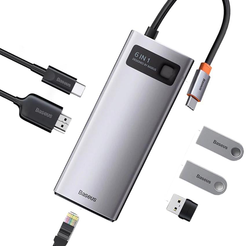 USB хаб BASEUS Metal Gleam Series 6in1 Multifunctional 3xUSB3.0 HDMI4K RJ45 Type-C Gray (CAHUB-CW0G)